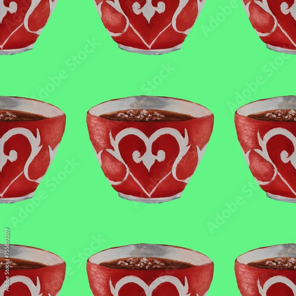 Obraz bowl,kese ,cup,tea utensils with Tatar ,Turkish ,Uzbek ,Kazakh national traditional ornament pattern in oriental style ,Muslim tea,cup,red blue green