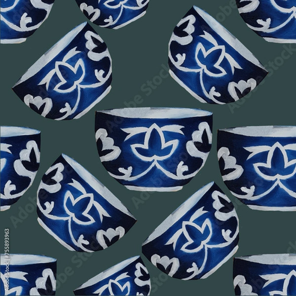 Obraz bowl,kese ,cup,tea utensils with Tatar ,Turkish ,Uzbek ,Kazakh national traditional ornament pattern in oriental style ,Muslim tea,cup,red blue green