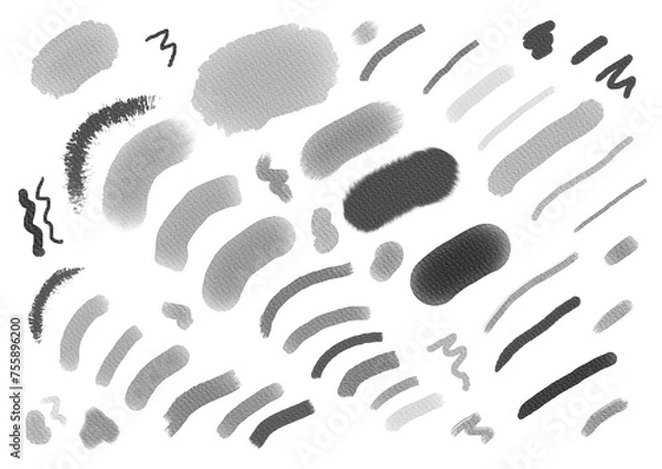 Obraz Watercolor and acrylic grunge strokes on transparent background. Hand drawn monochrome illustration