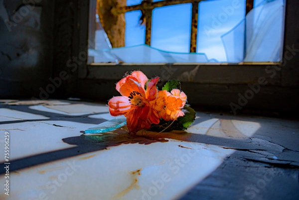 Obraz Nahaufnahme von einer Blume vor einem vergitterten Fenster in einem alten verlassenen Gefängnis. Der Hintergrund ist unscharf