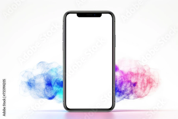 Fototapeta An engaging smartphone mockup featuring a sleek design with a blank screen, adorned by a captivating colorful smoke effect on a white background