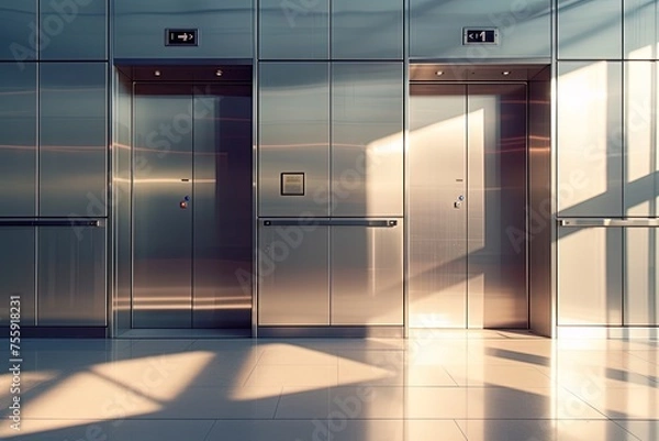 Fototapeta In the grandeur of a contemporary office building, modern elevators seamlessly integrate into the impressive architectural framework, offering efficiency and elegance