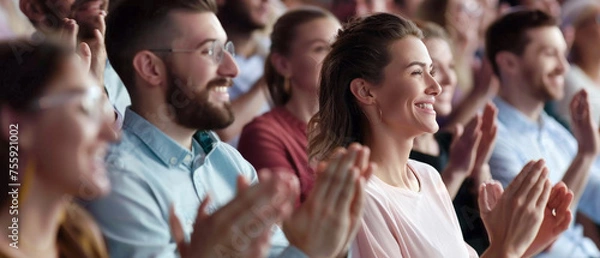 Fototapeta Happy audience applauding at a show or business seminar, theater performance listening and clapping at conference and presentation. Group of supporters, fans cheering excited applauding