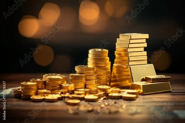 Fototapeta A stack of gold bars on a chart illustrating financial progress and development