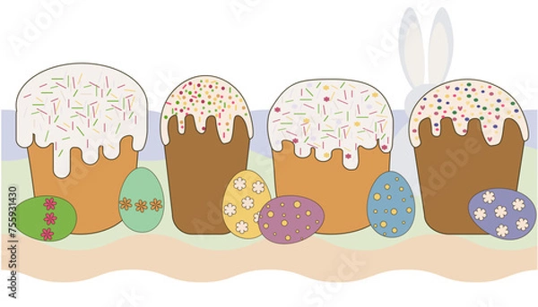 Fototapeta Set of four Easter cupcakes and colored eggs in cartoon style. Vector illustration for holiday banner, postcard, flyer design