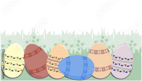 Fototapeta Easter pattern with colored eggs on green grass. Vector illustration for postcard, banner, cover design