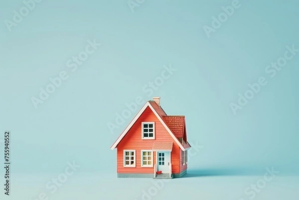 Fototapeta A small red house is perched on top of a blue surface, standing out against the serene backdrop.