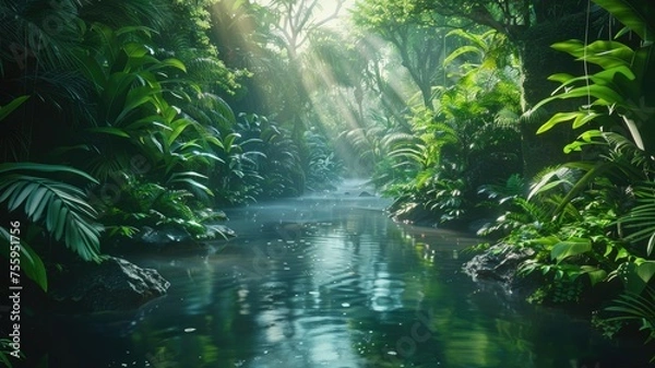 Fototapeta Tranquil river flowing through dense jungle - This captivating image shows a calm river winding through a lush green jungle, evoking a sense of peace and wilderness