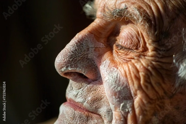 Fototapeta A serene elderly man with deep wrinkles on his face exudes wisdom and experience, his features etched with the passage of time