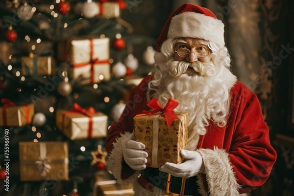 Fototapeta A man dressed as Santa Claus holding a box of presents. The scene is set in front of a Christmas tree