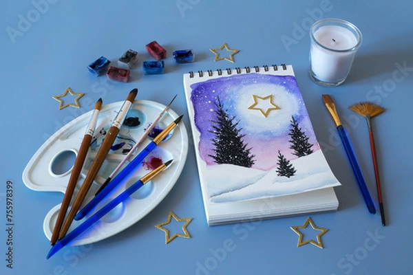 Fototapeta Christmas watercolor. Watercolor winter painting. Top view watercolor painting with a set of brushes, paints and palette 