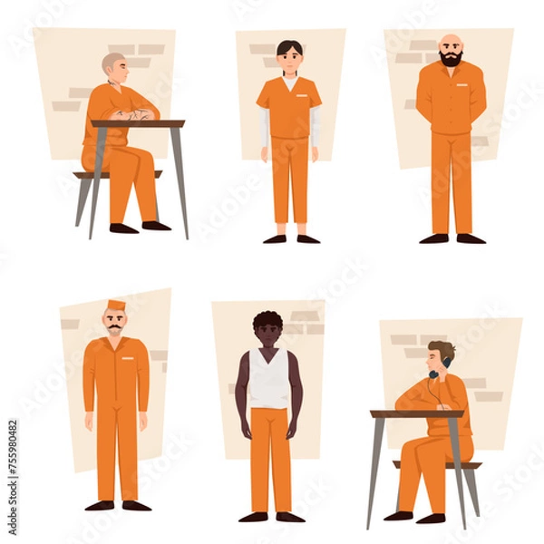 Obraz Cartoon police officers and arrested people in handcuffs. Prisoner men and women wearing orange prison uniforms and orange uniform, prison guards on the side, people standing