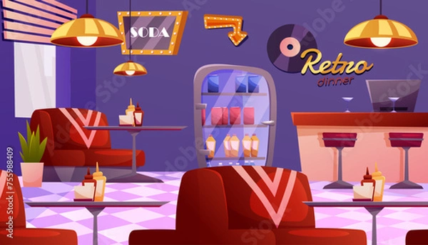 Obraz American Retro restaurant, diner interior with bar counter. Fast food retro cafe. Panoramic view of eatery. Empty restaurant with vintage decor.