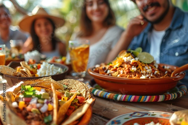 Obraz Mexican friends celebrating and eating together at the table full of Mexican food. AI generative