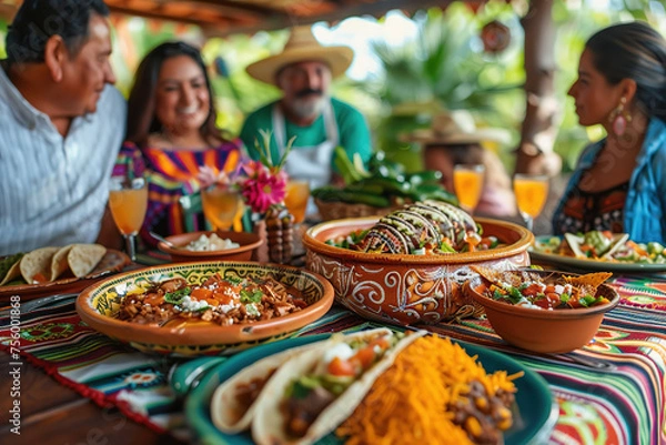 Obraz Mexican family celebrating and eating together at the table full of Mexican food. AI generative