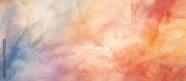Fototapeta A painting of cumulus clouds in a peachcolored sky, with tints and shades creating a mesmerizing pattern. The use of wood as the canvas adds to the overall beauty of the artwork