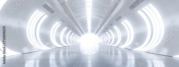 Fototapeta Empty 3D room with a white background, featuring a futuristic technology tunnel stage floor. Abstract space corridor with a silver road element creates a captivating and modern interior scene.
