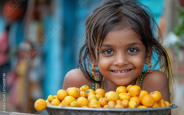 Obraz bambina indiana sorridente davanti ad un piatto di frutti gialli