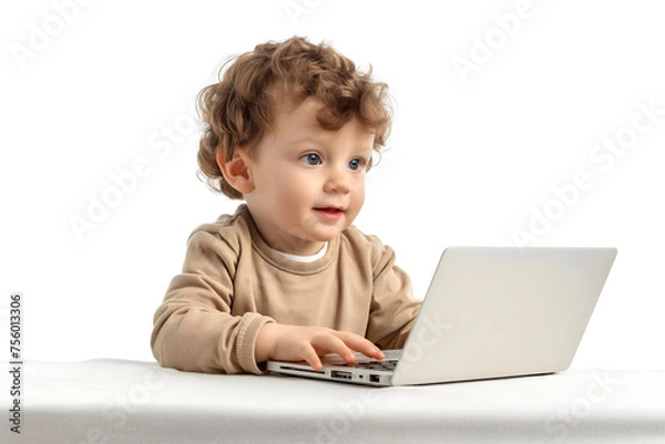Fototapeta little boy,1-2 years old,looks with interest at laptop screen,on white background,concept of generation alpha,education and development of children,Internet hygiene,medical and psychological research
