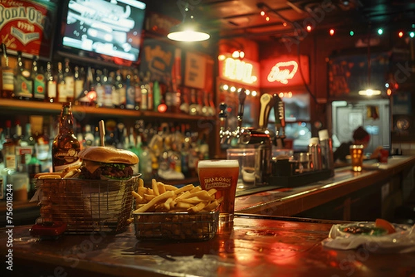 Obraz the casual charm of a dive bar, with bartenders serving up cold beers and shots of whiskey alongside baskets of crispy fries and greasy burgers