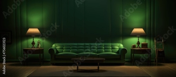Fototapeta Interior with two lamps, sofa, table, carpet, and empty wall illuminated by green light.