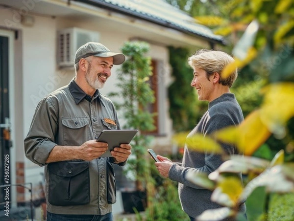 Fototapeta Lawn arborist technician installer worker talking to customer making a sale in the front yard of a home, happy conversation about work well done, working class, casual, outdoors