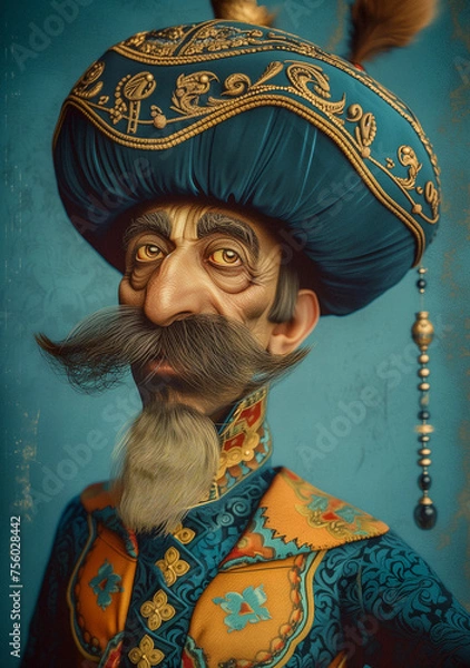 Fototapeta Man in Traditional Ottoman Attire With Elaborate Turban and Embroidered Jacket. Generative AI
