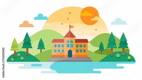 Fototapeta a cute school and sunlight on the river of tree,hill 
 and vector on white background