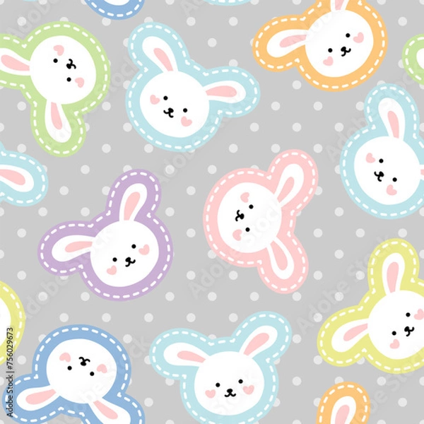 Fototapeta Cute white rabbit on a grey background with polka dot texture, pink, blue, yellow sticker style, kids colorful kawaii seamless pattern