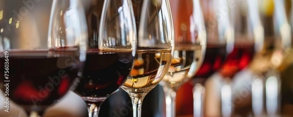 Fototapeta Wine tasting row of assorted wine in glasses. Wine glasses in a row. Buffet table celebration of wine tasting. Nightlife, celebration and entertainment concept