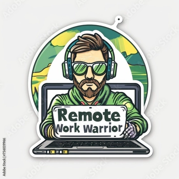 Fototapeta A vibrant sticker portraying a telecommuter with headphones, embodying the spirit of the modern remote workforce.