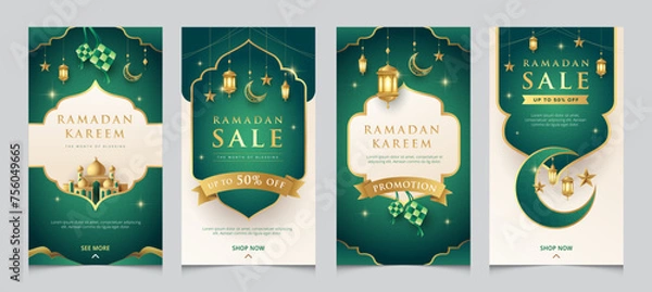 Fototapeta Modern Ramadan design template for social media posting. Fresh green Raya with golden islamic elements templates collection.
