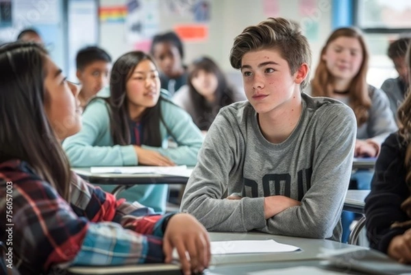 Fototapeta High school classroom scene with engaged students participating in a lively discussion Fostering an environment of learning and curiosity