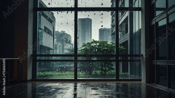 Fototapeta Interior of an empty modern building with rain outside presenting a very cinematic view.