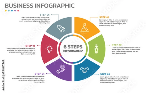 Obraz Visual data presentation. Cycle diagram with 6 options. Pie Chart Circle infographic template with 6 steps, options, parts, segments. Business concept. Marketing infographic vector illustration.