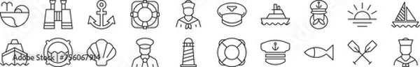 Fototapeta Collection of thin signs of sailor. Editable stroke. Simple linear illustration for stores, shops, banners, design