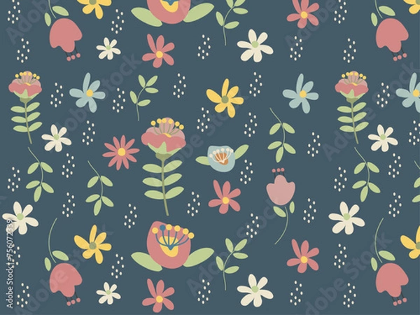 Fototapeta 北欧風のかわいいお花のパターン（シームレス）