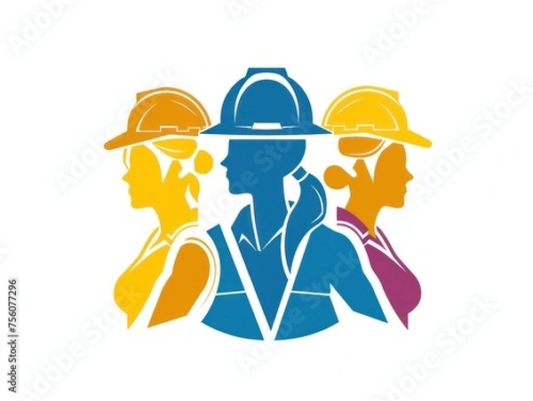 Obraz colorful illustration of three women in safety helmets, representing empowerment, strength, and professionalism in construction or engineering fields.