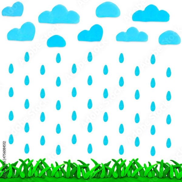 Obraz green grass and blue cloud in rainy day with made from plasticine on white