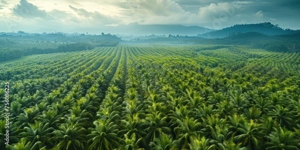 Fototapeta Expansive palm oil plantation, aerial view, vast monoculture, unexpected beauty, symmetrical patterns, vibrant greens