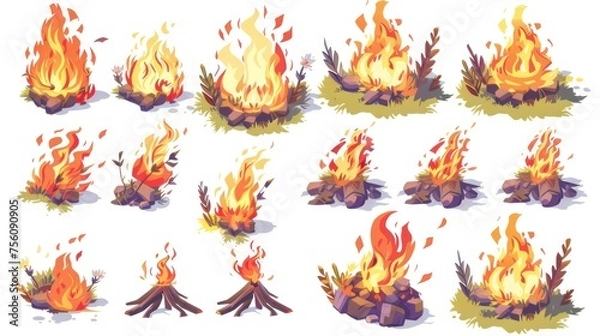Fototapeta fires flames, white background, isometric view