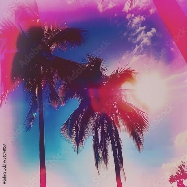 Fototapeta Retro summer colorful Instagram texture background with palm trees and sun. Cool 1980s polaroid vintage style look. Miami dance party vibes. 