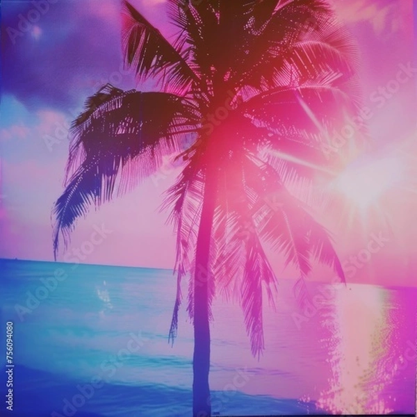 Fototapeta Retro summer Instagram texture background with palm trees, sun and  ocean. 1980s polaroid vintage style look. Miami dance party vibes. 