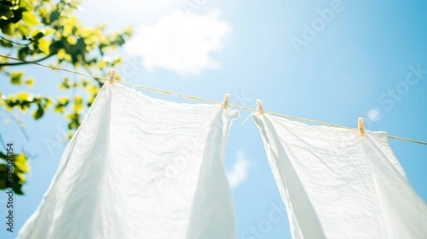 Fototapeta  White laundry hangs on a line against a clear blue sky, reminiscent of freshness and cleanliness.