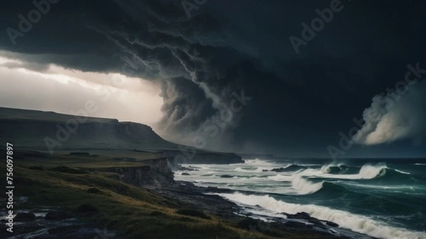 Obraz Describe a tumultuous open world landscape amidst a powerful storm, where nature's fury and breathtaking views collide in a mesmerizing display