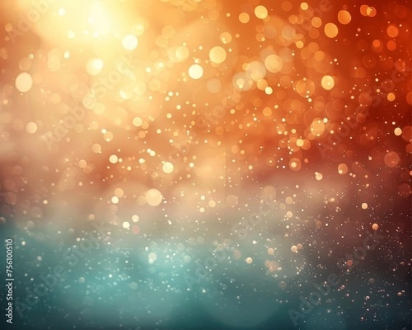 Fototapeta Abstract delicate blur bokeh background in peachy coral, minty teal, and shimmering bronze colors