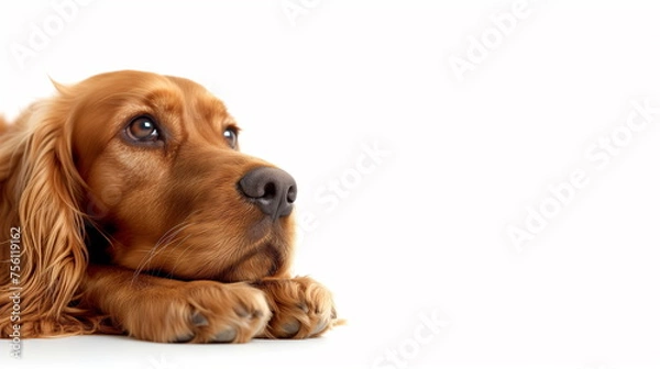 Fototapeta Close up of the side of the face of a brown English Cocker Spaniel dog lying down in a studio on a white background. Pet advertising concept. Copy space. Generating AI