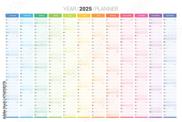 Fototapeta Annual planner, 2025 year wall calendar for monthly and daily agenda. Colorful schedule page journal, stationery calendar, organizer, planner template with twelve months vector illustration