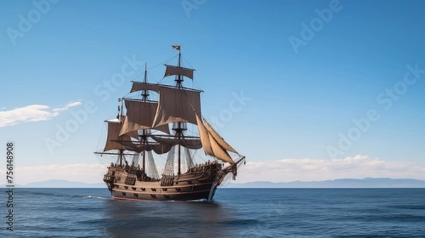 Fototapeta pirate ship on an open sea with light blue sky