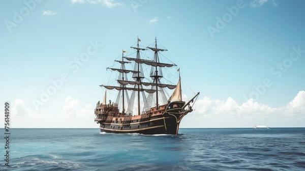 Fototapeta pirate ship on an open sea with light blue sky
